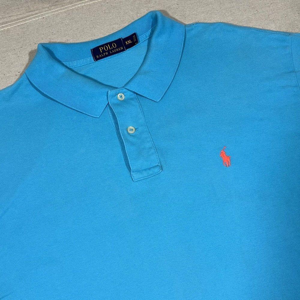 Polo Ralph Lauren Men's XXL Aqua‎ Blue Polo Shirt Cotton Pink Pony Preppy *FLAW